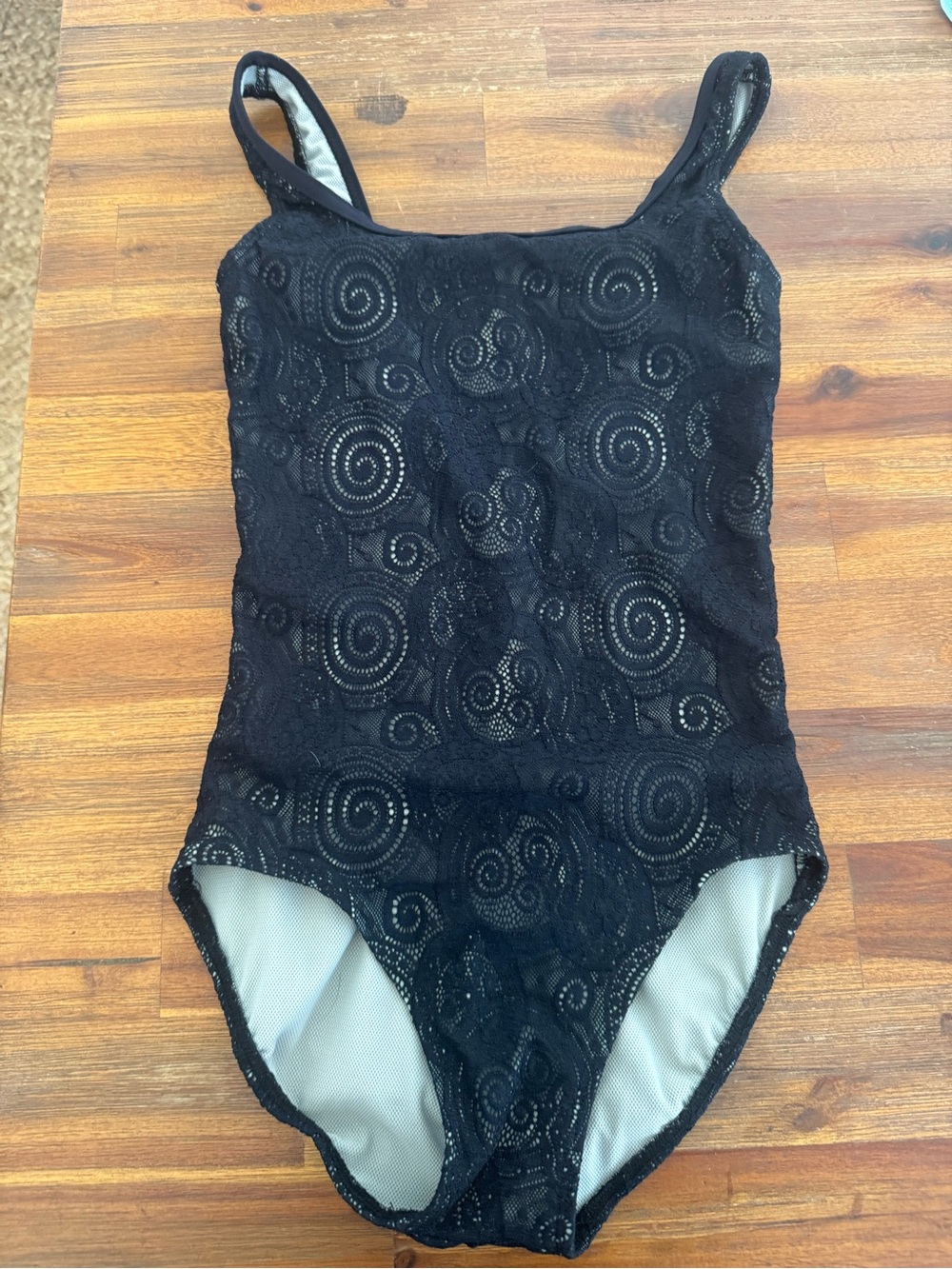 AinslieWear Black Lace Leotard Small Deep V Back Ballet Dancewear